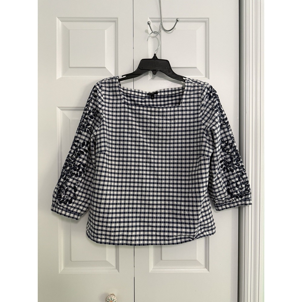 TALBOTS Blouse Navy/White Checkered Top 3/4 Sleeve Square Neck, LP Large Petites